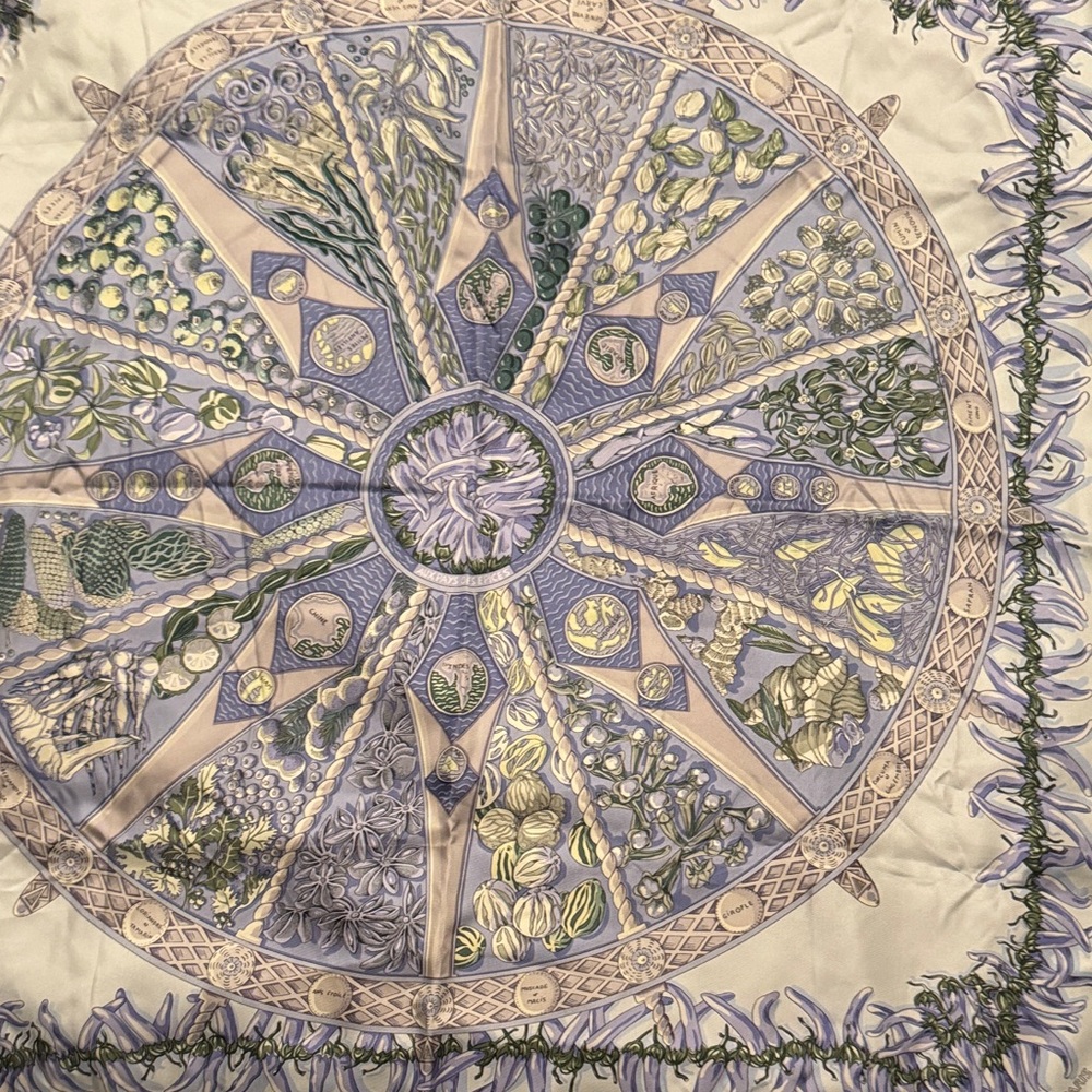 Hermes Botanical Scarf in Cream, Purple, and Green